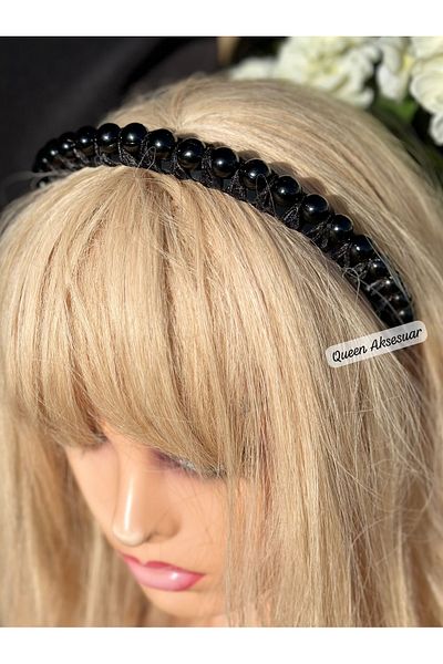 QUEEN AKSESUAR Luxury Satin Knitted Ribbon Fabric Big Pearl with Bead Row Crown Shiny Black Tiara