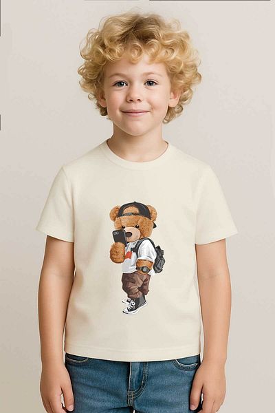 peki baby&kids Well Boy's Combed Cotton Standing Teddy Selfie Printed T-Shirt 18745