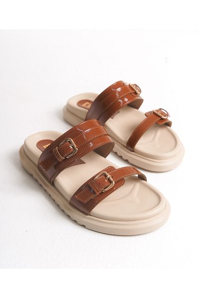 Everest Women's Tan Patent Leather Double Strap Buckle Comfortable Orthopedic Sole Slippers