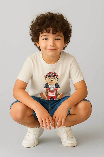 peki baby&kids Well Boy's Combed Cotton Moto Teddy Printed T-Shirt 19474