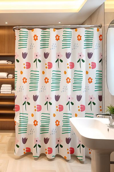 EVPANYA Perdeaua de baie, perdea de dus cu model flori nordice, perdea de cada 175x200cm