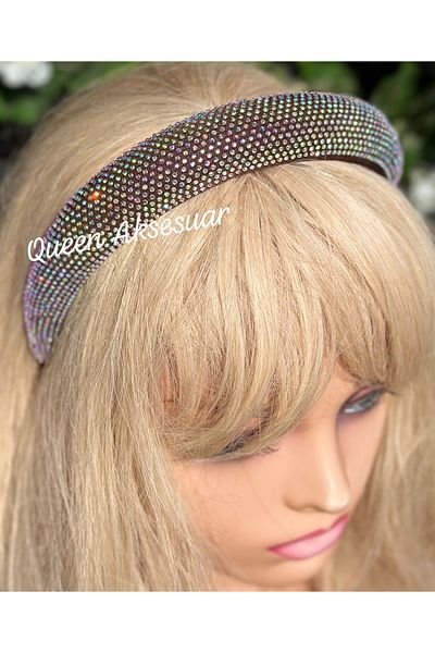 QUEEN AKSESUAR Luxury Wide Bombshell Hologram Crystal Stone Plated Glitter Crown Special Occasion Crown Brown