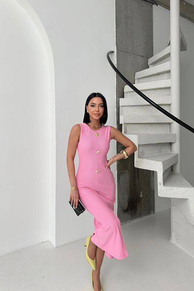 MOZENA Zero Sleeve Accessory Detailed Long Dress with Front Slit