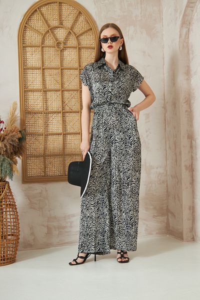 Kentsoylu Women's Black Double Pocket, Elastic Waist Wide Leg Shirt Collar Short Sleeve Satin Jumpsuit 3235451