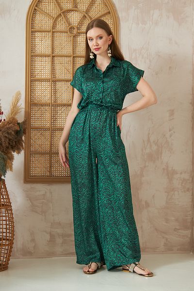 Kentsoylu Women's Emerald Double Pocket, Elastic Waist Wide Leg Shirt Collar Short Sleeve Satin Jumpsuit 3235451