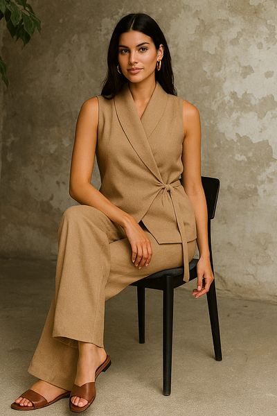 Noi Belis Beige Side Tie Detail Double Breasted Vest Wide Cut Pants Bottom-Top Suit Ss25Au0017
