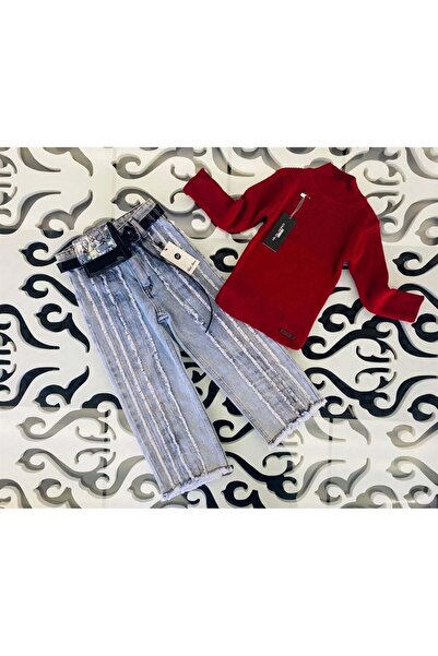 Marka Sensin Kids Girl's Half Turtleneck Knitwear Badi Piece Denim Trousers Waist Bag 3-Piece Set