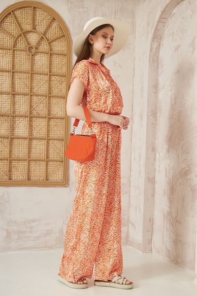 Kentsoylu Women's Orange Double Pocket, Elastic Waist Wide Leg Shirt Collar Short Sleeve Satin Jumpsuit 3235451