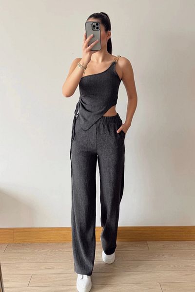 MOZENA Asymmetric Shoulder Accessory Detailed Double Suit