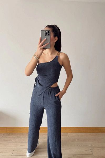 MOZENA Asymmetric Shoulder Accessory Detailed Double Suit