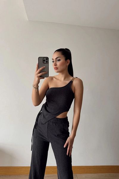 MOZENA Asymmetric Shoulder Accessory Detailed Double Suit