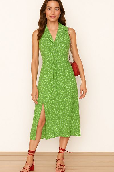 Noi Belis Rochie subțire verde slim cu model floral, lungime midi, guler polo Ss25el0043