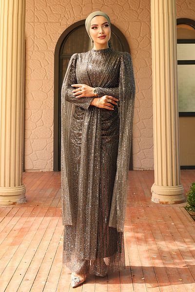 Olcay Front Tie Cape Detail Sequin Sequined Hijab Evening Dress Brown 1027