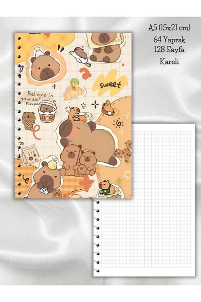 daily notebook Capybara Checkered School Notebook, 64 Sheets Spiral A5 Medium Size (15X21 cm) Size