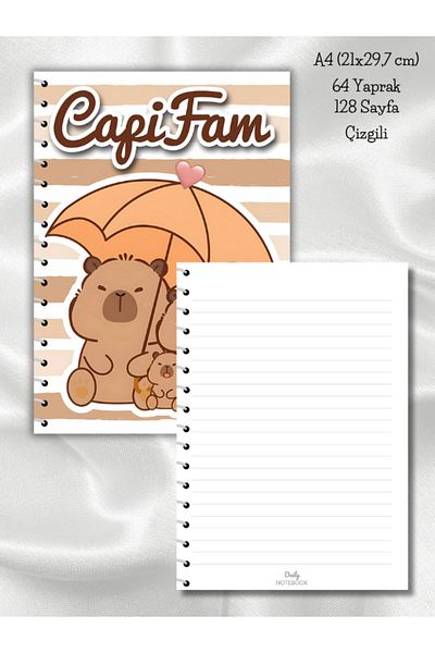 daily notebook Capybara Striped School Notebook, 64 Sheets Spiral A4 Large Size (21X29,7 cm) Size