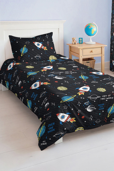 Realhomes مجموعة بيكيه مفردة للأولاد بتصميم صاروخ وكوكب باللون الأزرق الداكن