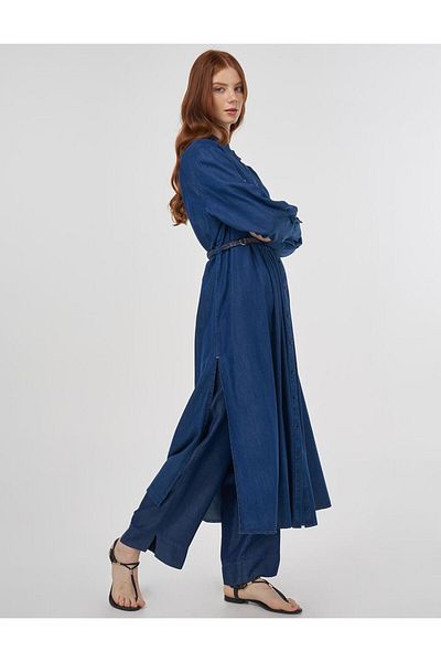 Kayra Ribbed Stitched Lyocell Tunic Navy Blue