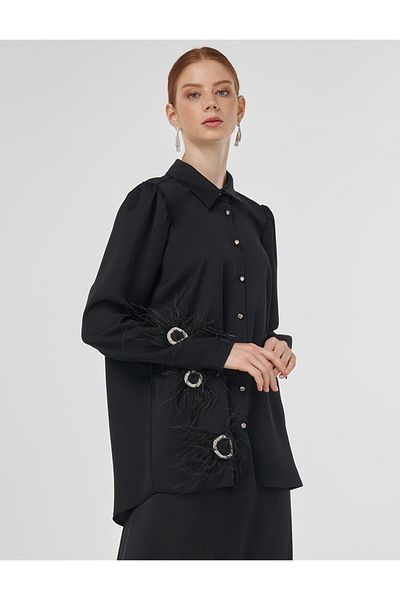 Kayra Otriş Detailed Satin Tunic Black