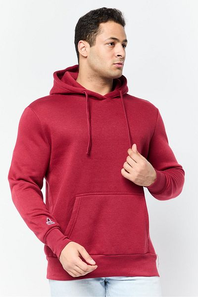 KANGAROO Men Embroidered Logo Long Sleeves Hoodie, Dark Red