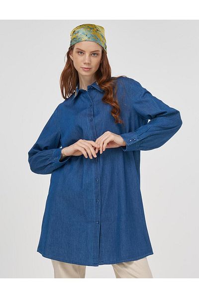 Kayra Embroidered Collar Cotton Tunic Indigo
