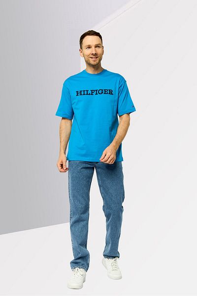 Tommy Hilfiger Men Crew Neck Short Sleeve Brand Logo T Shirt, Blue