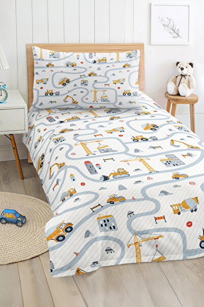 Realhomes مجموعة بيكيه مفردة للأولاد بنمط سيارات البناء والرافعة باللون الأصف...