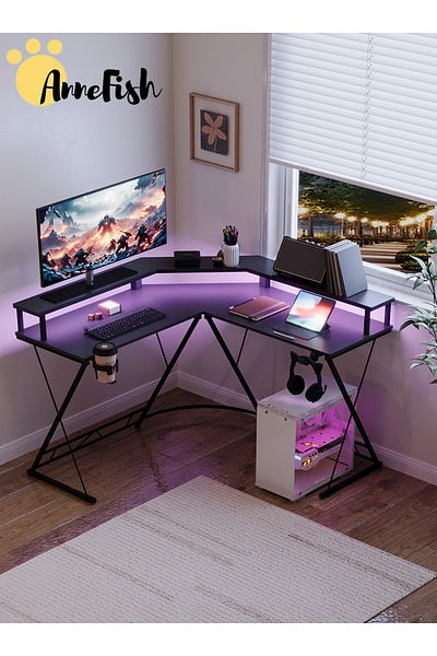AnneFish 120cm L-Shaped Office Monitor Stand Table Gaming Computer With Smart LED Strip Light Corner Desk