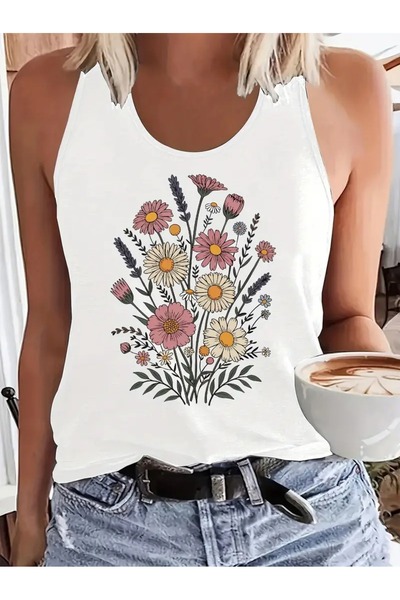 mercoledi Tricou de damă, fără mâneci, cu imprimeu floral, cu guler scobit