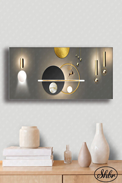 Şehber Tekli Yatay Kanvas Duvar Tablosu Salon Yatak Odası Mutfak Kafe Ofis Geometrik Altın Geyik