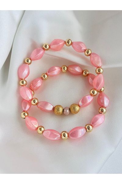 COCOSH TAKI Pink Beaded Gold Detailed Multi-Combination Bracelet