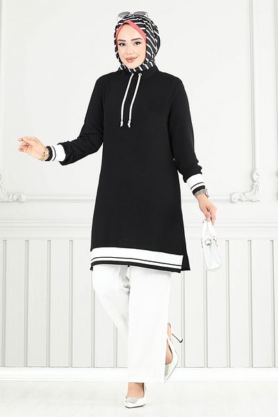 ModaMerve Rib Detail Hijab Set 2688Sl890-M Black&Ecru