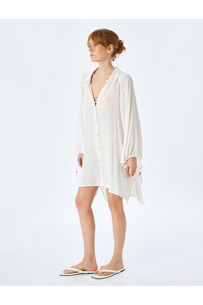 Koton Button Long Sleeve Back Print Detail Viscose Beach Dress