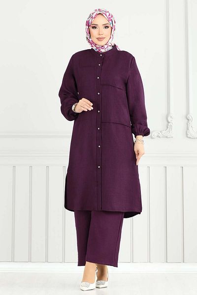 ModaMerve Front Button Hijab Suit 3114Hbs932-M Plum