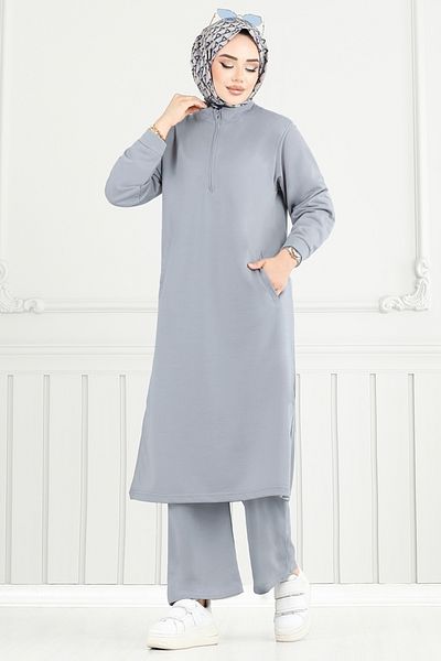 ModaMerve Half Zipper Hijab Suit 6036Uz1029-M Gray