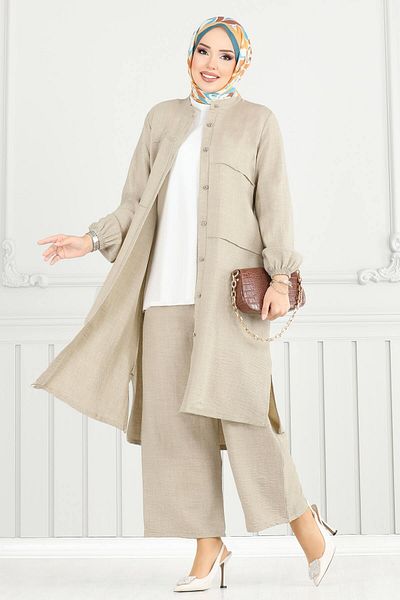 ModaMerve Front Buttoned Hijab Suit 3114Hbs932-M Stone