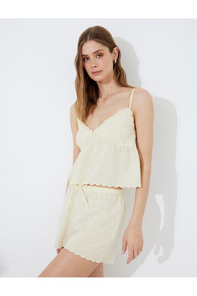 Koton Cotton Sleeveless V-Neck Thin Strap Scalloped Pajama Top