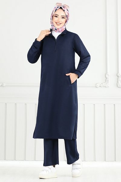 ModaMerve Half Zipper Hijab Suit 6036Uz1029-M Navy