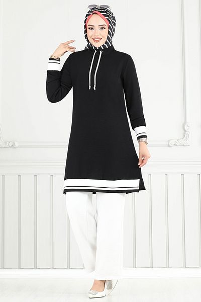 ModaMerve Rib Detail Hijab Set 2688Sl890-M Black&Ecru