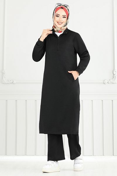 ModaMerve Half Zipper Hijab Suit 6036Uz1029-M Black