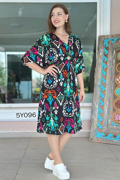 İnce Topuk V-Neck Ring Detail Viscose Dress 5Y096