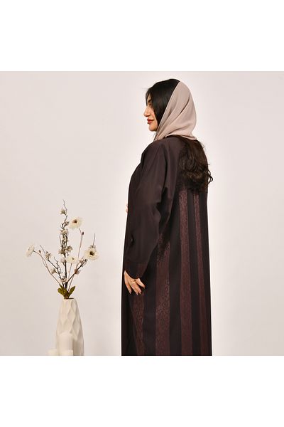 Beyond Brown wrap abaya with summer jacquard overlay on the back of the abaya and sleeves