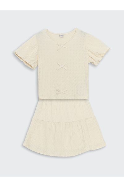 LC Waikiki Crew Neck Bow Detailed Girl's Blouse and Skirt