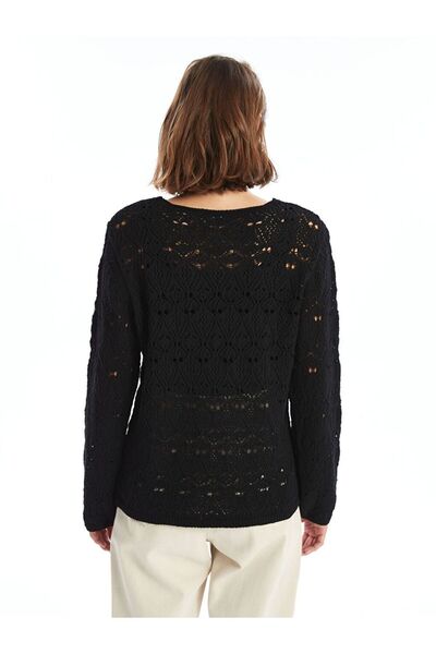 LC Waikiki Tricotaj pentru femei cu mânecă lungă guler rotund tricotaj cu aspect dantelat negru