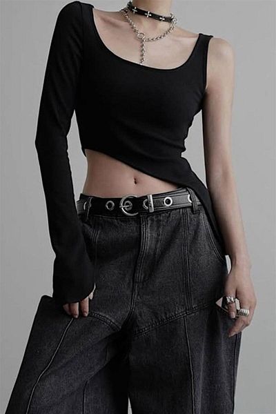Karakedi Black Square Collar Single Gothic Y2K Sleeve Crop