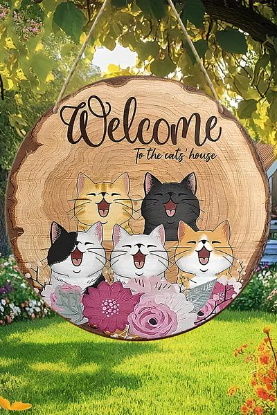 kutuTR 😺   "Welcome to the Cats' House" Cat Themed Mdf Door Panel – Fun Paw Welcome Ks005