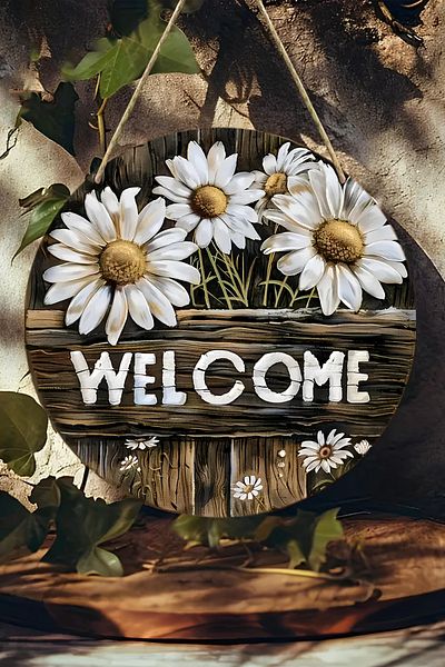 kutuTR 🌼   Mdf "Welcome" Door Panel with Daisy Pattern – 20 cm 🌿   Wooden Look Decor