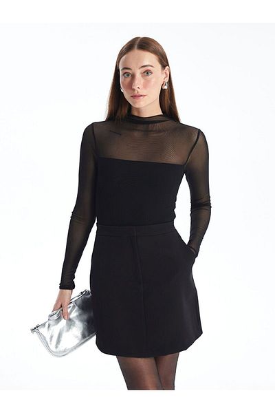 LC Waikiki Black Stand Collar Plain Long Sleeve Women's Blouse