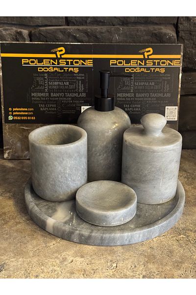 Polen Stone 🛁   Polen Stone Gray Marble 5 Piece Bathroom Set