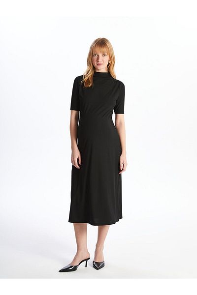 LC Waikiki Black Stand Collar Plain Short Sleeve Maternity Dress
