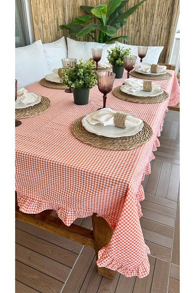 Decamor home Thin Linen Orange Gingham Ruffled Tablecloth